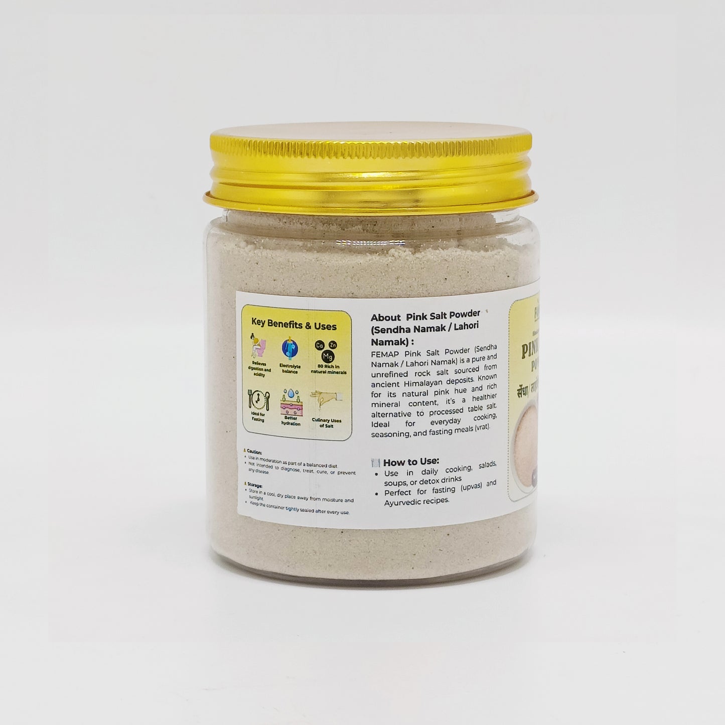 Jar of pink salt powder with a yellow lid on a white background