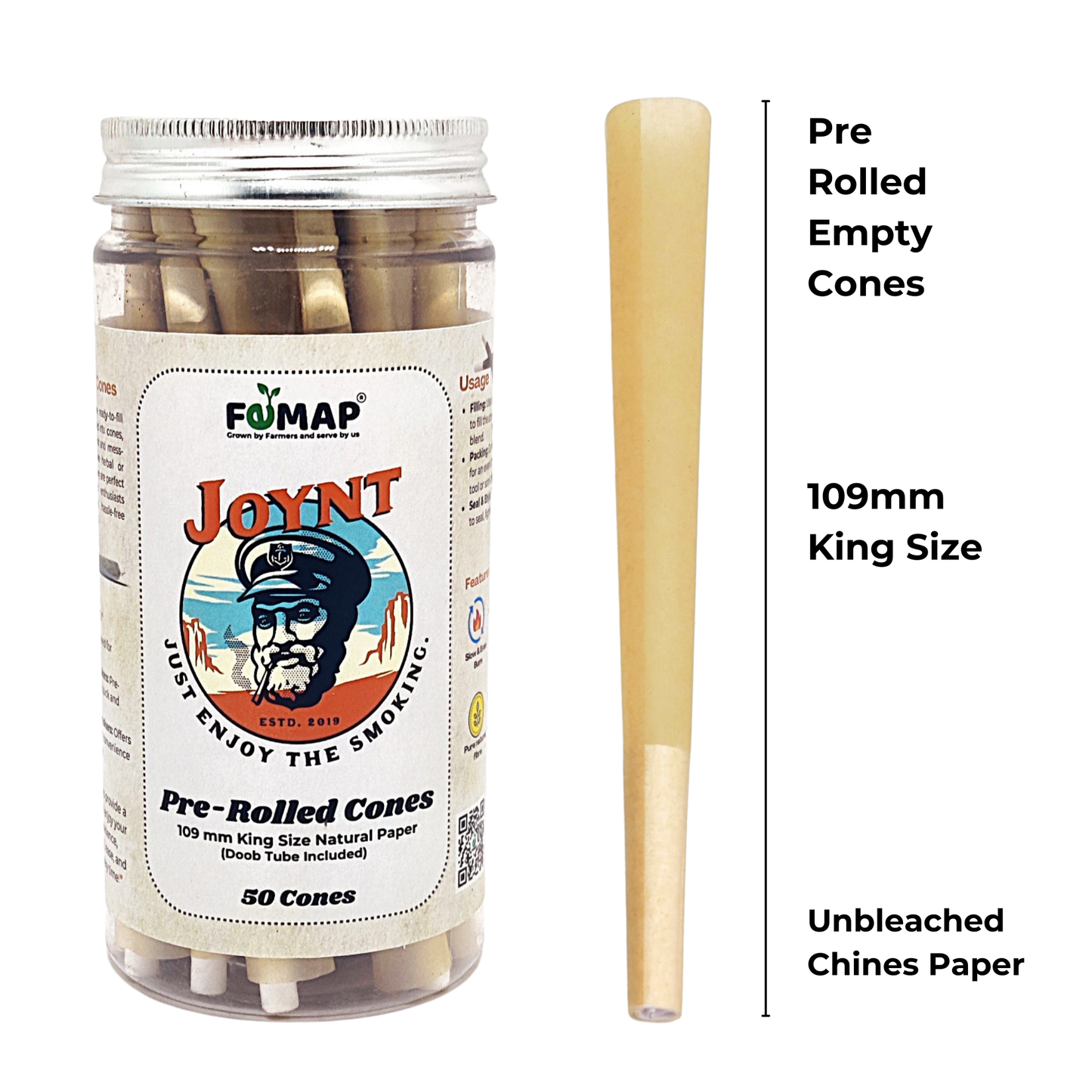 Jar of pre-rolled empty cones with aJoynt branded label and a pre-rolled cone next to it on a white background.