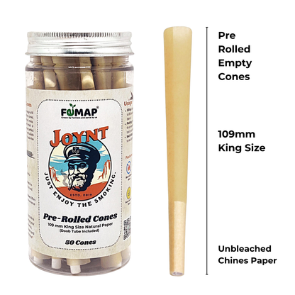 Jar of pre-rolled empty cones with aJoynt branded label and a pre-rolled cone next to it on a white background.