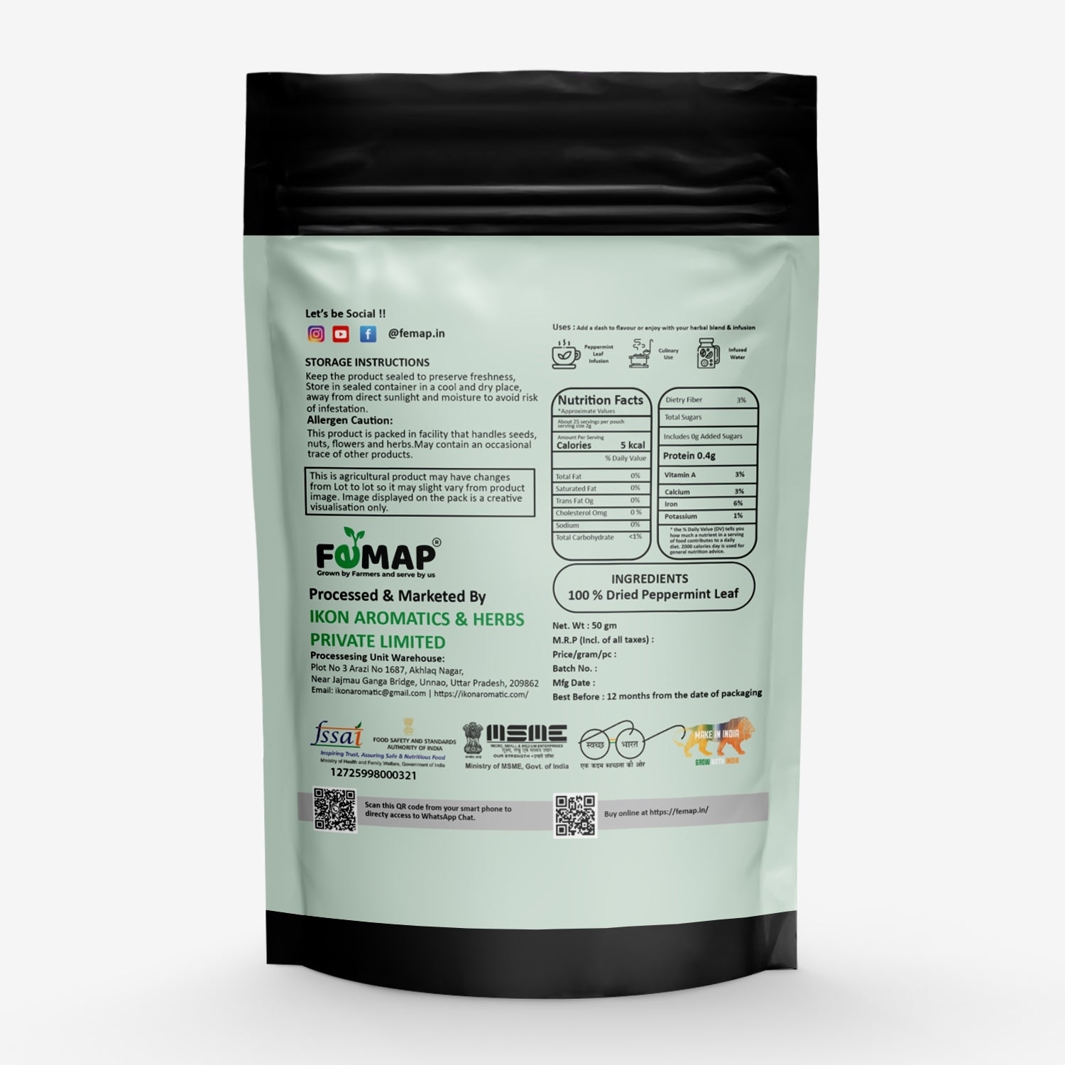 FEMAP green peppermint leaf package with text and logos on a white background