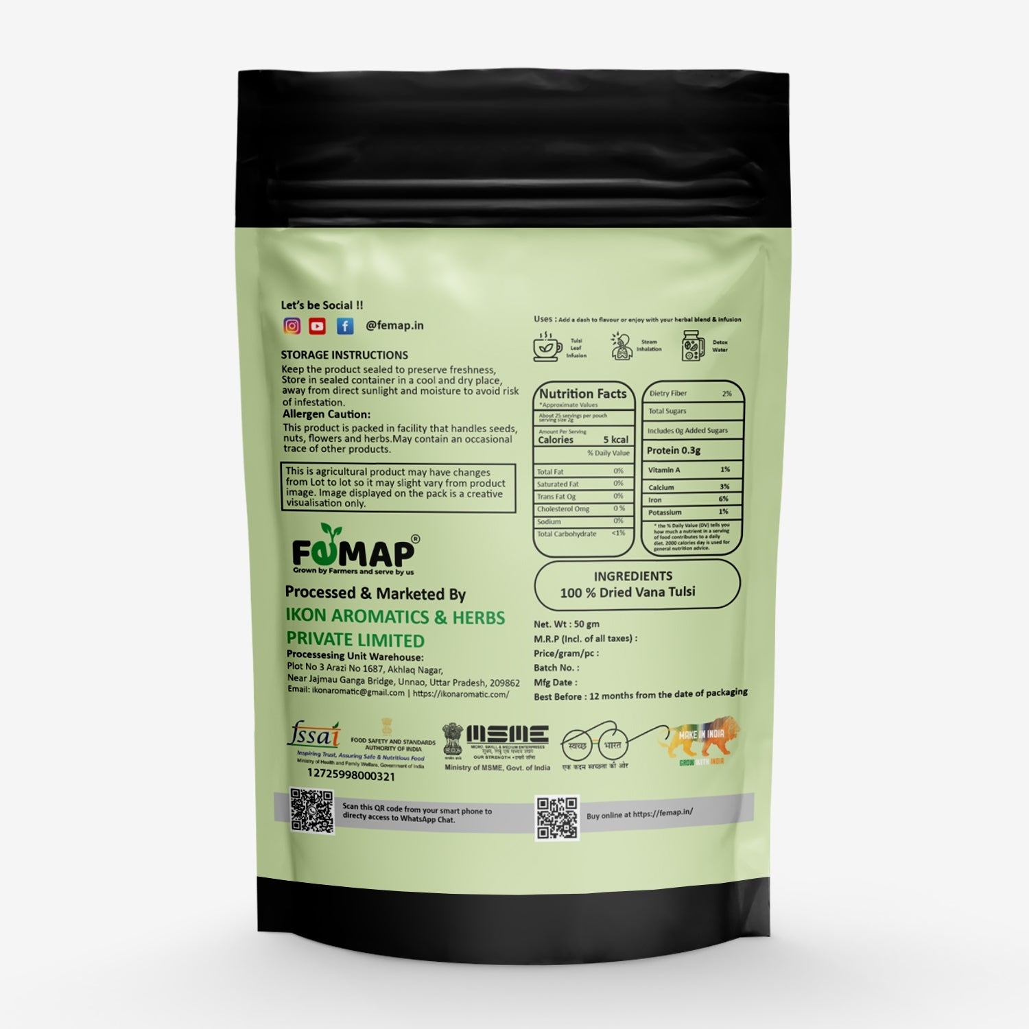 Green package with black top and bottom, featuring text and logos on a white background