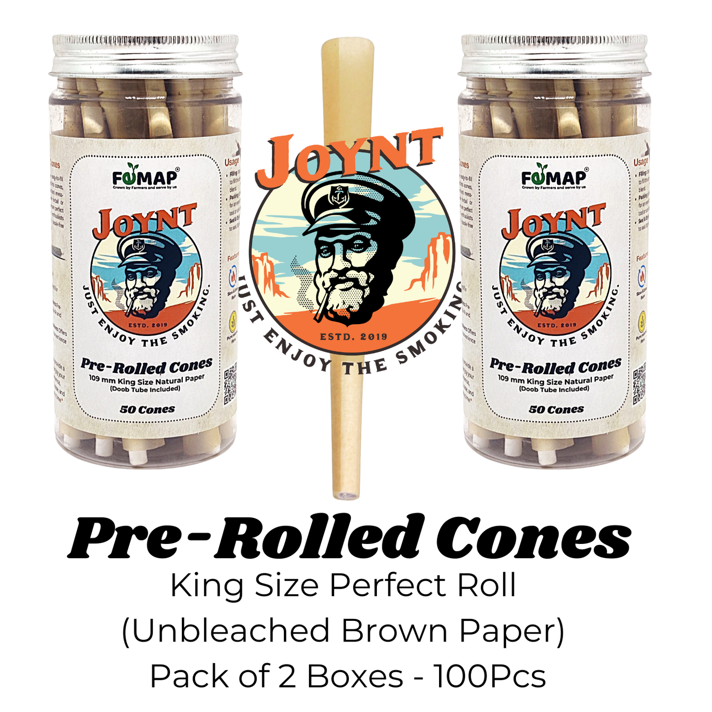 Two jars of Joynt pre-rolled cones with a packaging stick in the center on a white background.