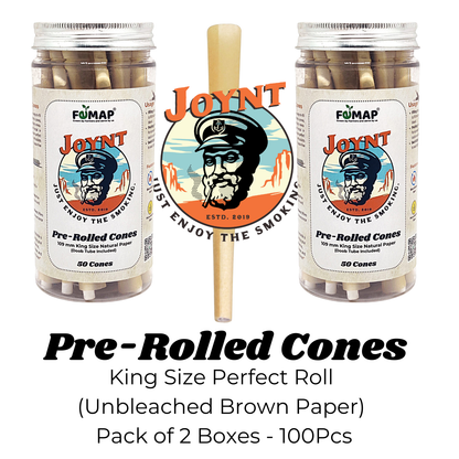 Two jars of Joynt pre-rolled cones with a packaging stick in the center on a white background.