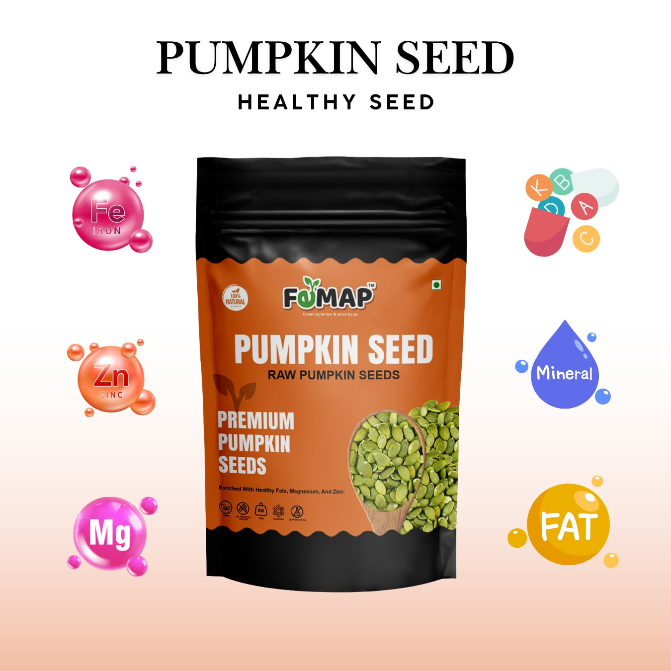 Premium Pumpkin Seeds by FEMAP Highlighting Iron, Zinc, Magnesium, Minerals, and Healthy Fats