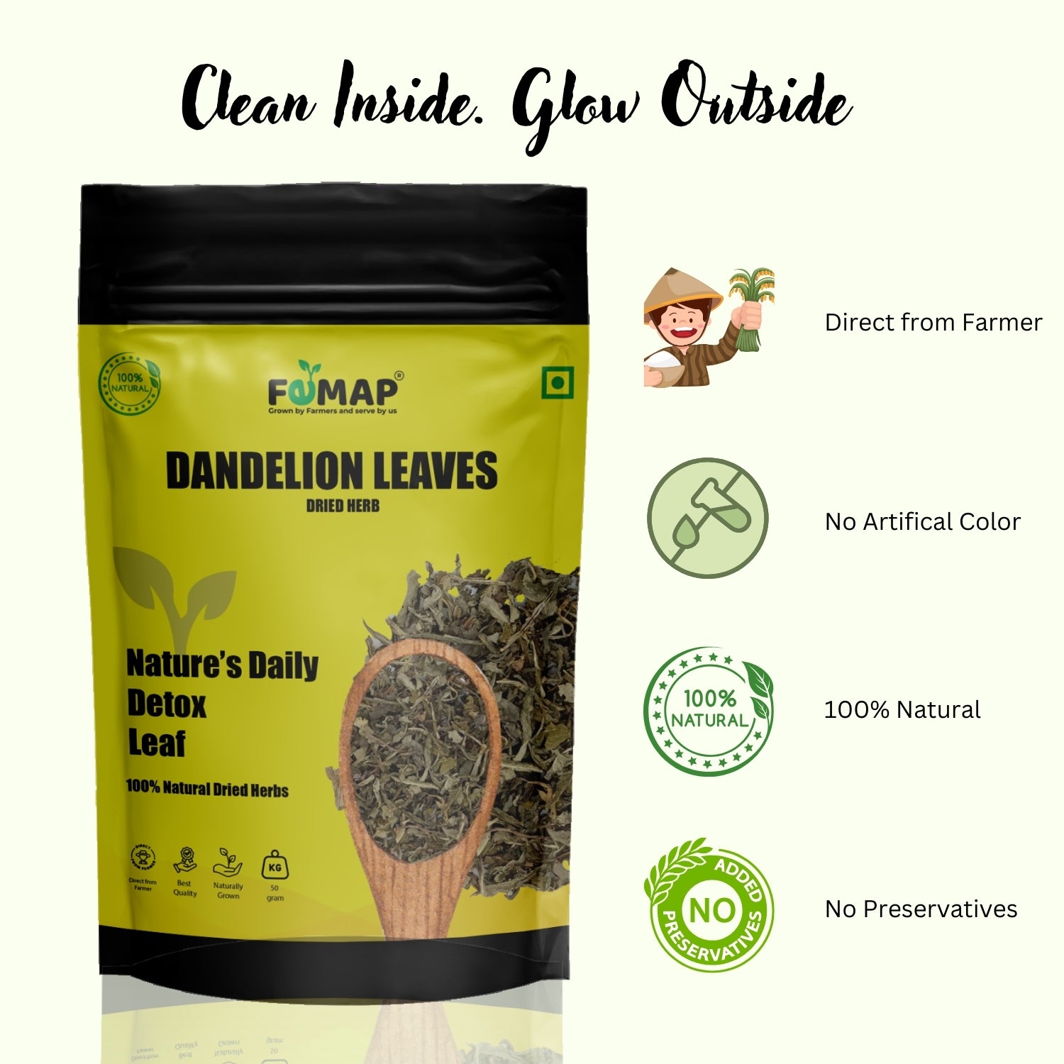FEMAP Dandelion Leaves packaging with branding and product details on a white background
