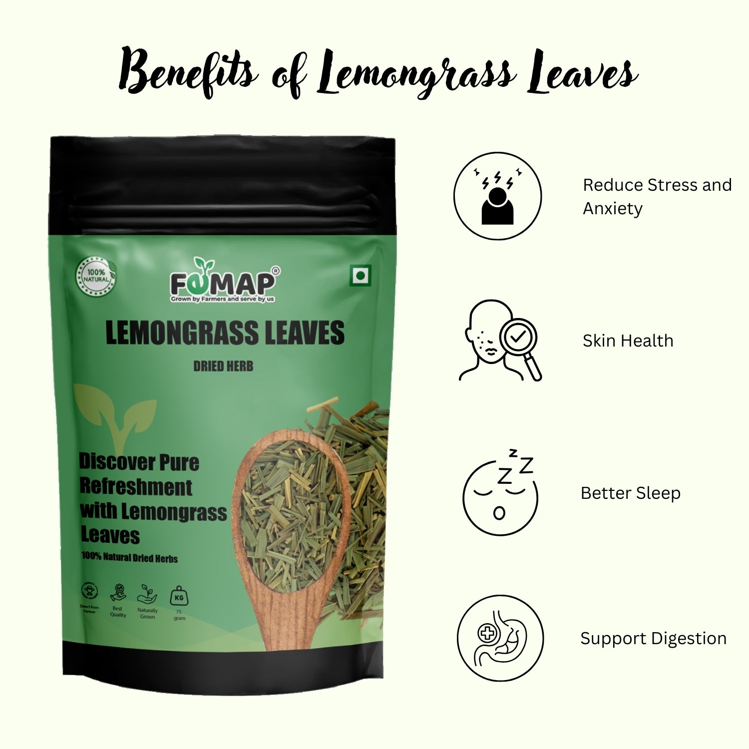 FEMAP Lemongrass Leaves packaging with benefits listed on a white background