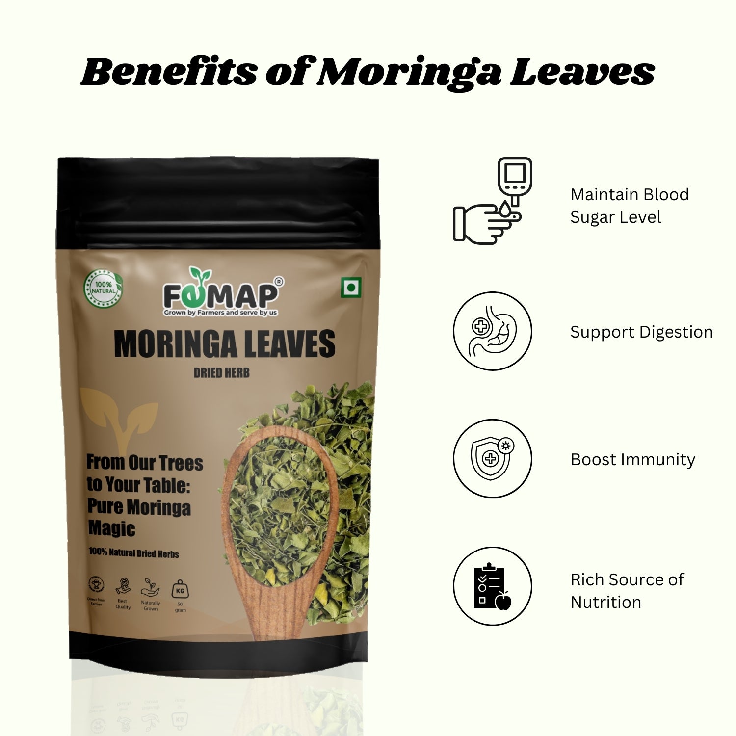 Package of FEMAP Moringa Leaves with benefits listed on a white background
