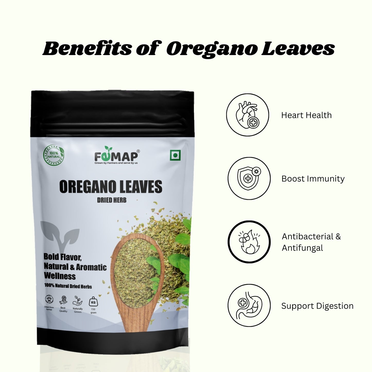 FEMAP oregano leaves packaging with benefits listed on a white background