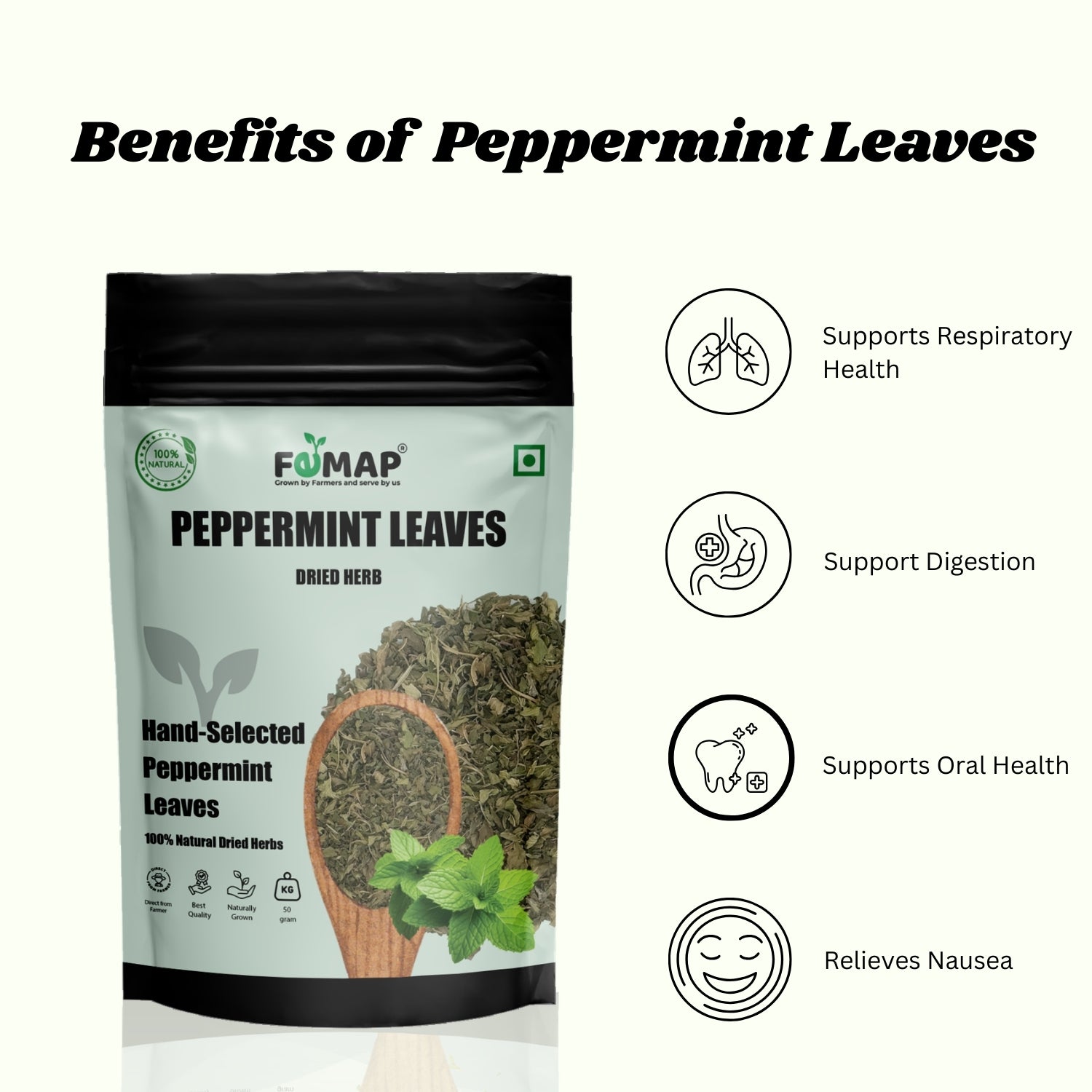FEMAP peppermint leaves packaging with benefits listed on a white background