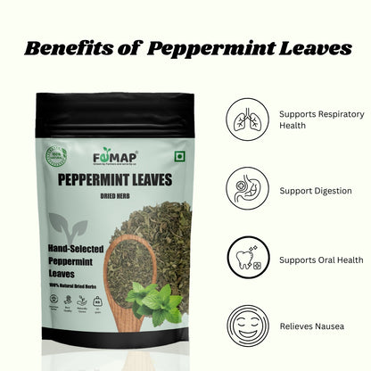 FEMAP peppermint leaves packaging with benefits listed on a white background