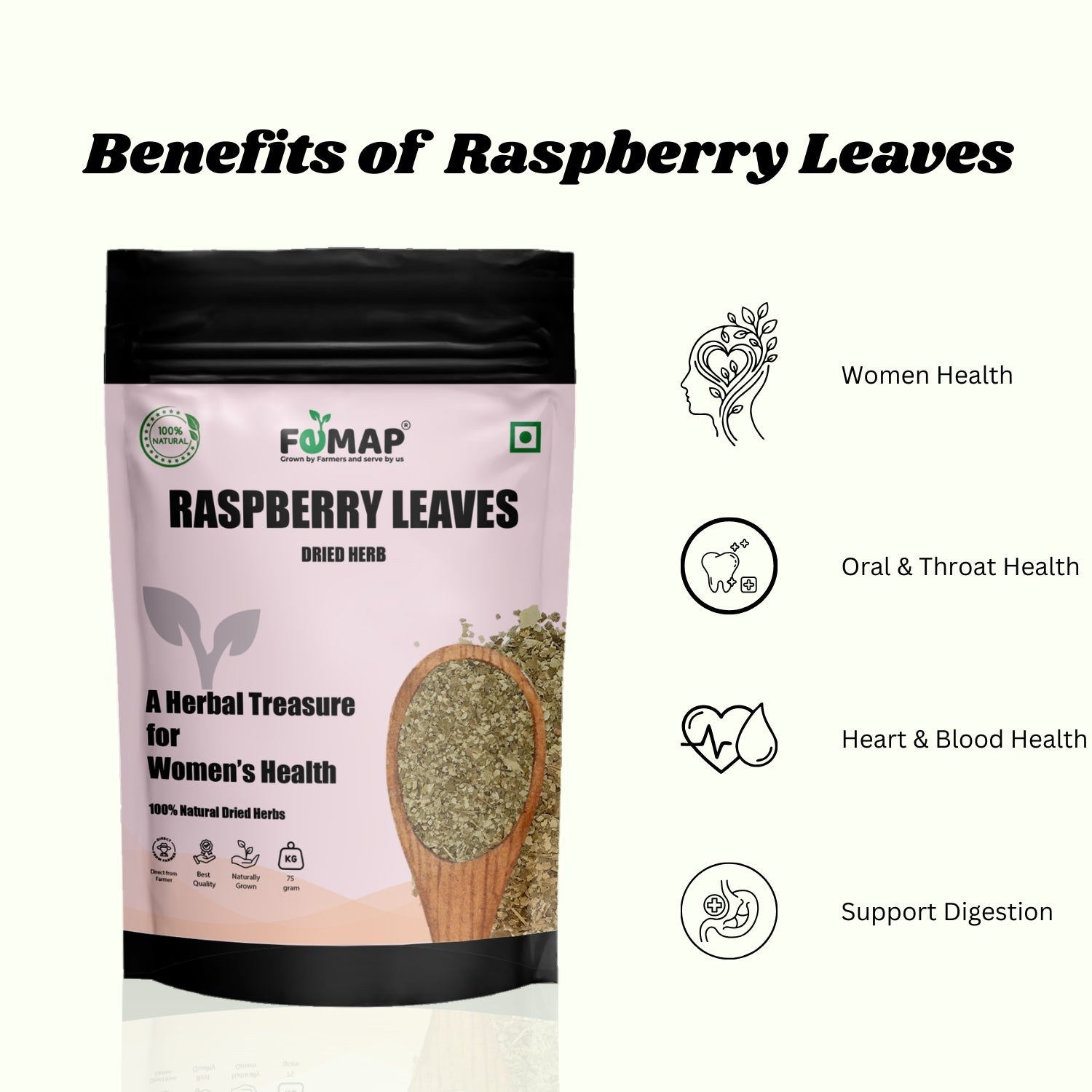 FEMAP Raspberry Leaves packaging with health benefits listed on a white background