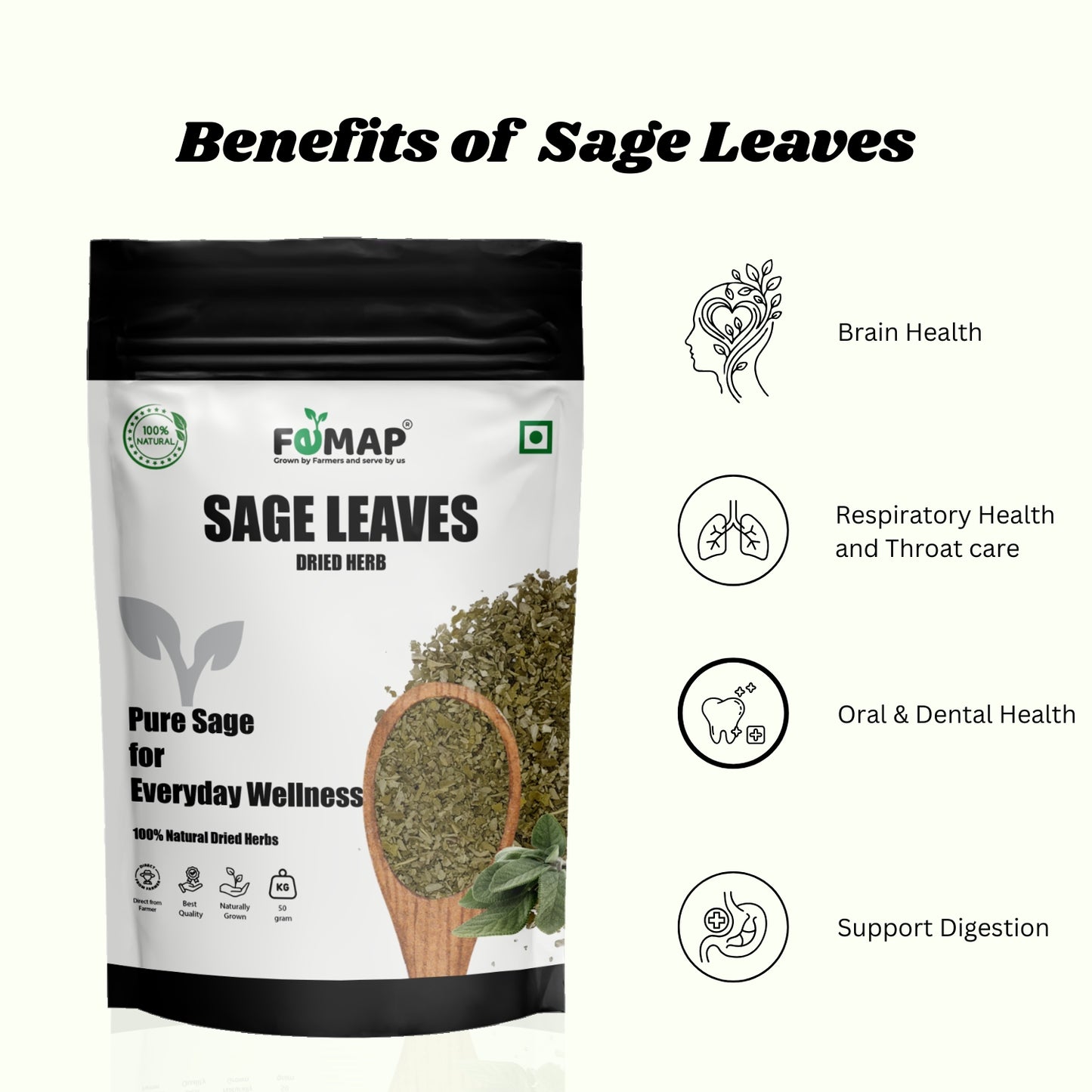 FEMAP sage leaves packaging with benefits listed on a white background