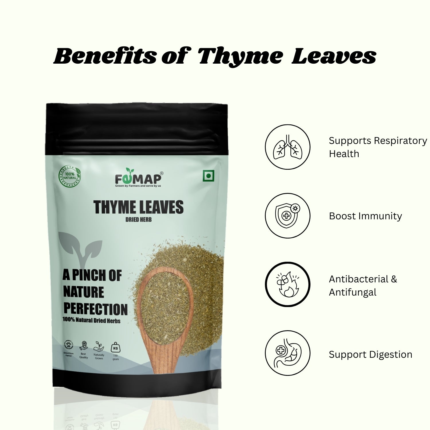 FEMAP Thyme Leaves packaging with benefits listed on a white background