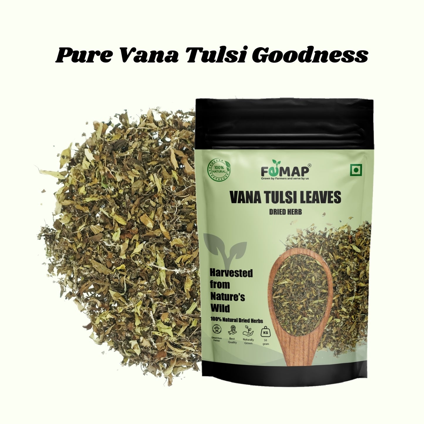 Vana Tulsi leaves with FEMAP packaging on a white background