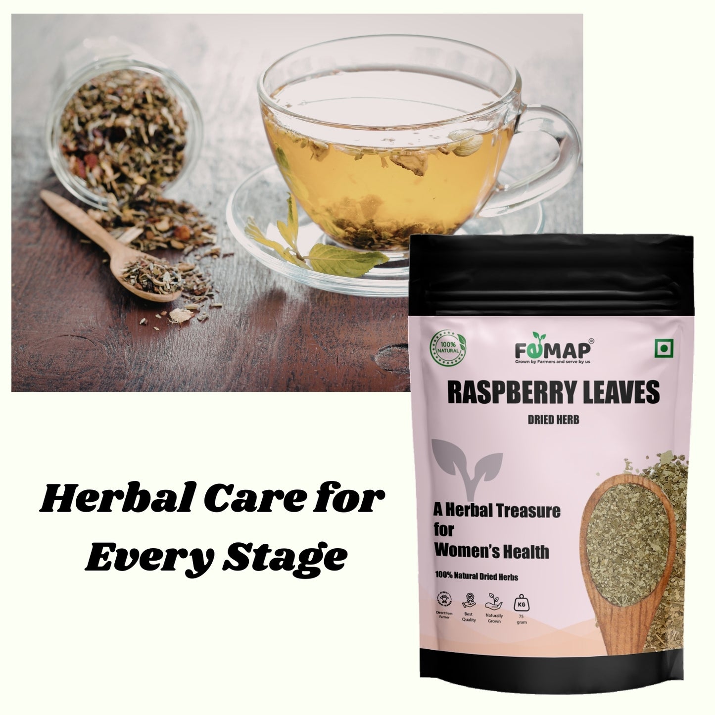 FEMAP raspberry leaves packaging with a cup of tea and dried leaves on a wooden surface.