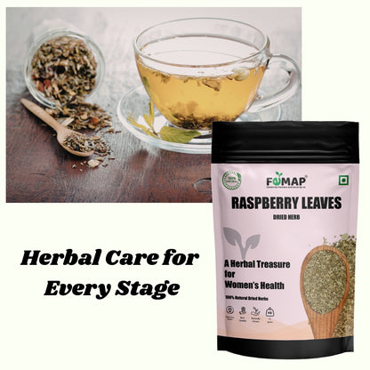 FEMAP raspberry leaves packaging with a cup of tea and dried leaves on a wooden surface.
