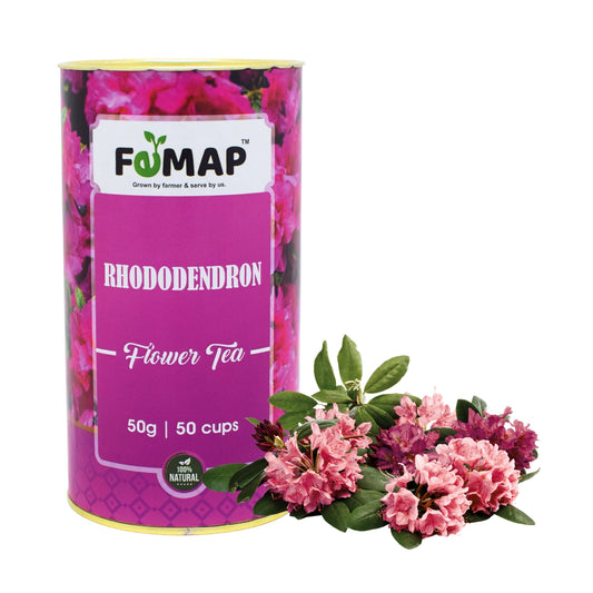 A package of FEMAP Rhododendron Flower Tea with a weight indication of 50g and a claim of making 50 cups. The package is shown alongside a bouquet of pink rhododendron flowers.