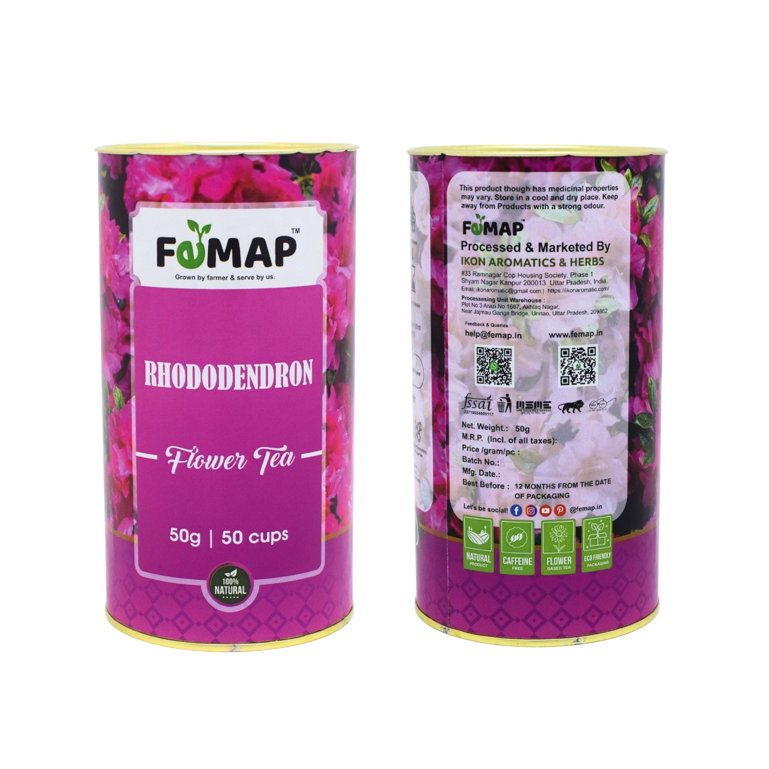 Rhododendron Flower Tea Front and Back Packaging with FSSAI Details – FEMAP
