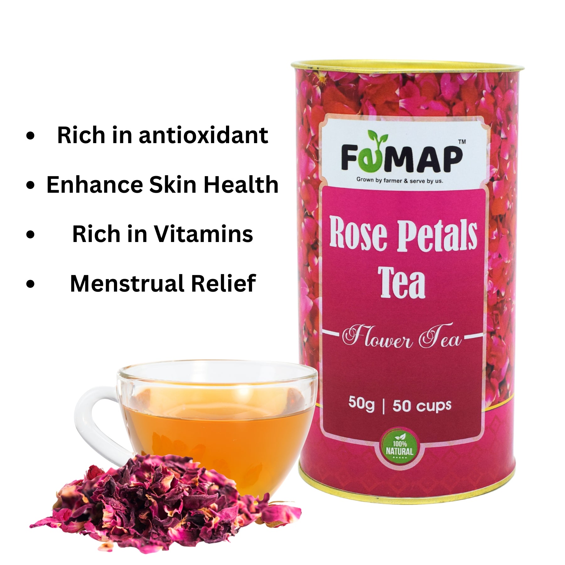 Benefits of Rose Petals Tea by FOMAP - Rich in Antioxidants, Vitamins, and Menstrual Relief Support