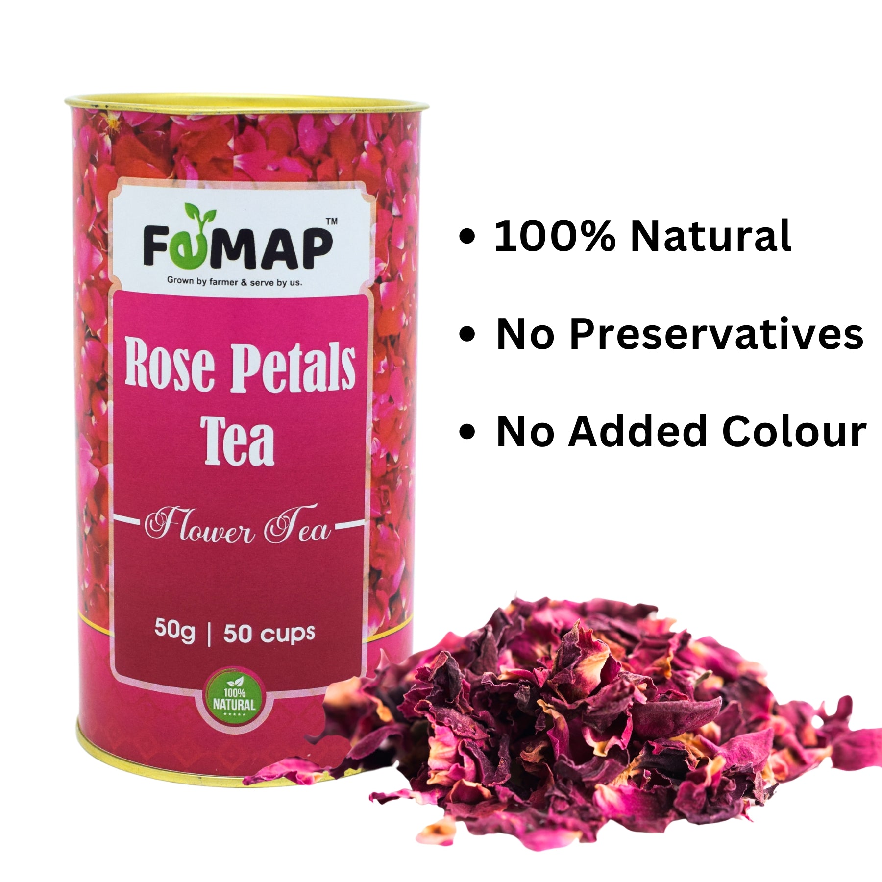 100% Natural Rose Petals Tea by FOMAP - No Preservatives or Added Colour - Flower Herbal Tea 50g