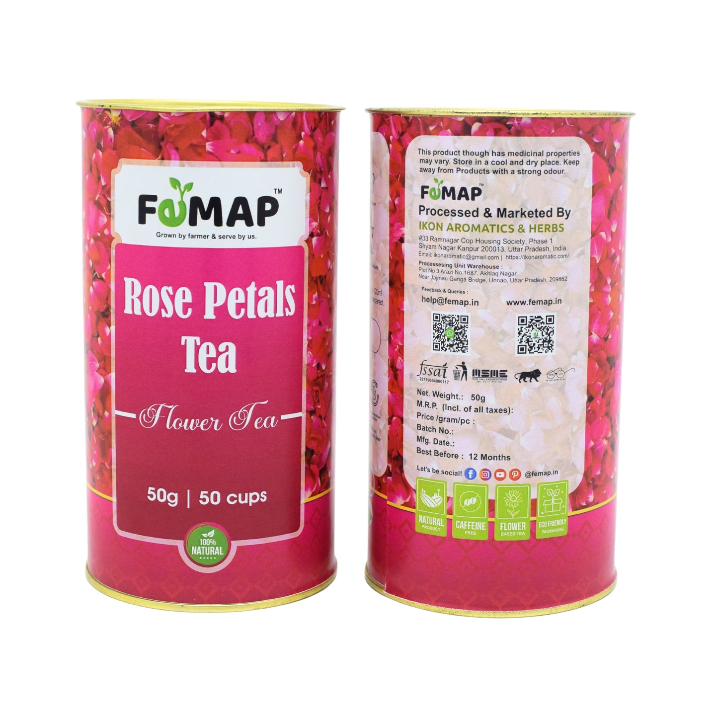 Rose Petals Tea Packaging Front and Back - FOMAP 50g Herbal Tea with Storage and Manufacturer Details