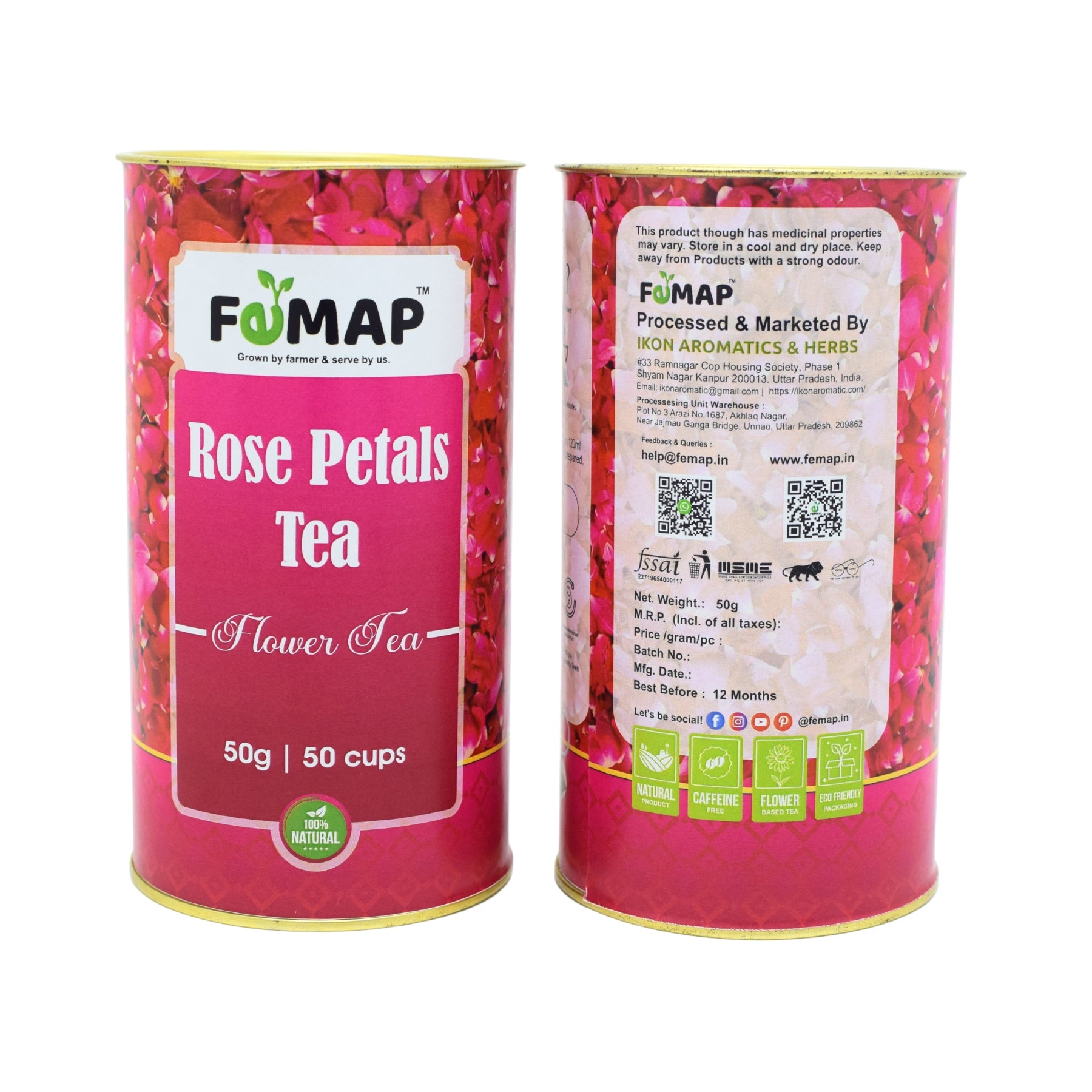 Rose Petals Tea Packaging Front and Back - FOMAP 50g Herbal Tea with Storage and Manufacturer Details