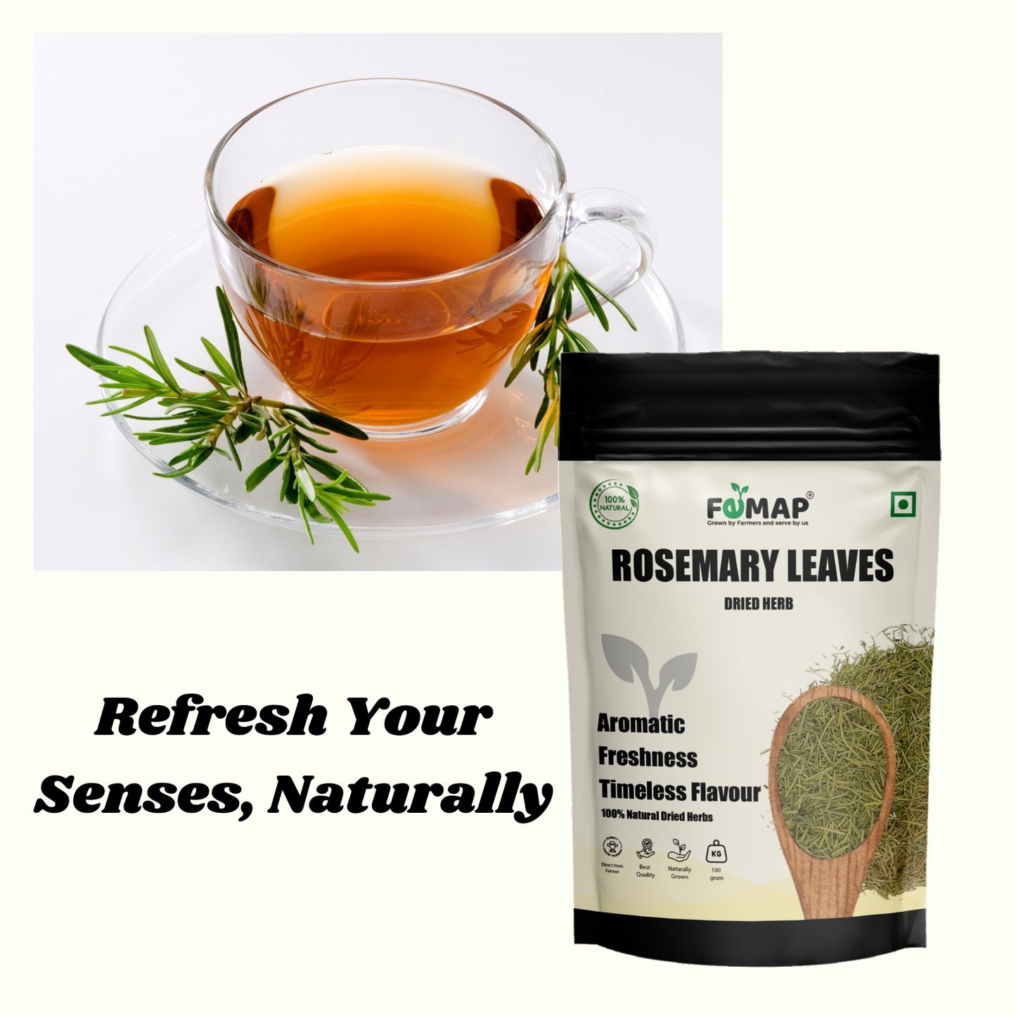 Rosemary leaves tea with a cup of tea and a package of FEMAP Rosemary Leaves on a white background.