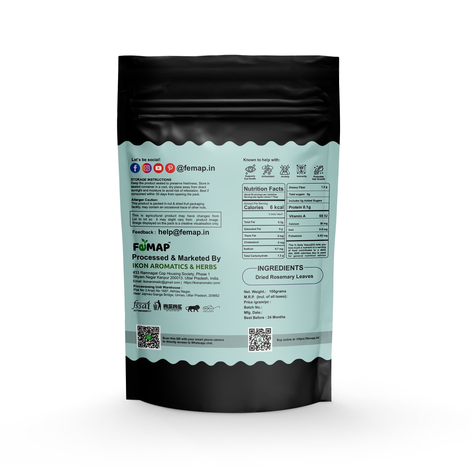 Back view of FEMAP rosemary leaves packet showing nutritional information, storage instructions, and contact details