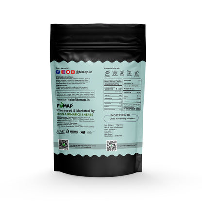 Back view of FEMAP rosemary leaves packet showing nutritional information, storage instructions, and contact details