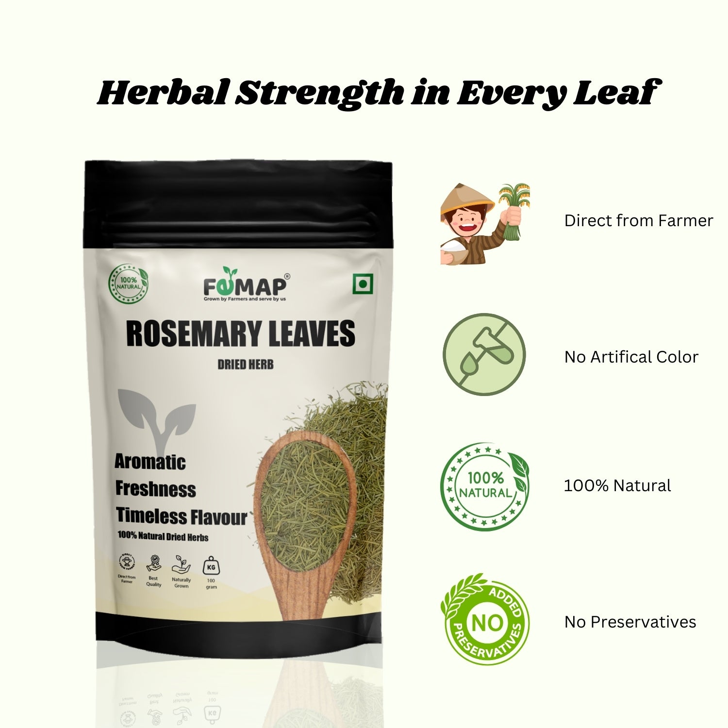 FEMAP rosemary leaves packaging with branding and product details on a white background