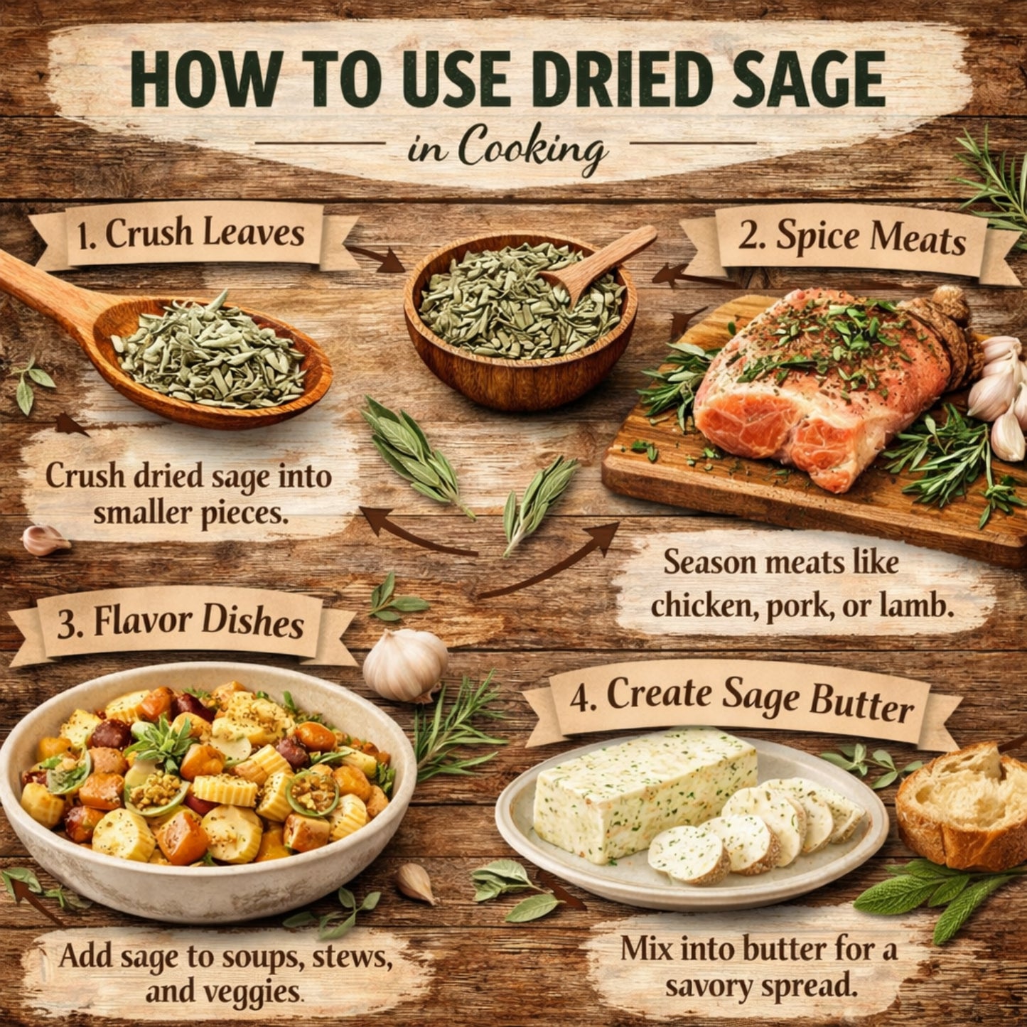 Infographic on using dried sage in cooking with text and images of sage being used in various dishes.
