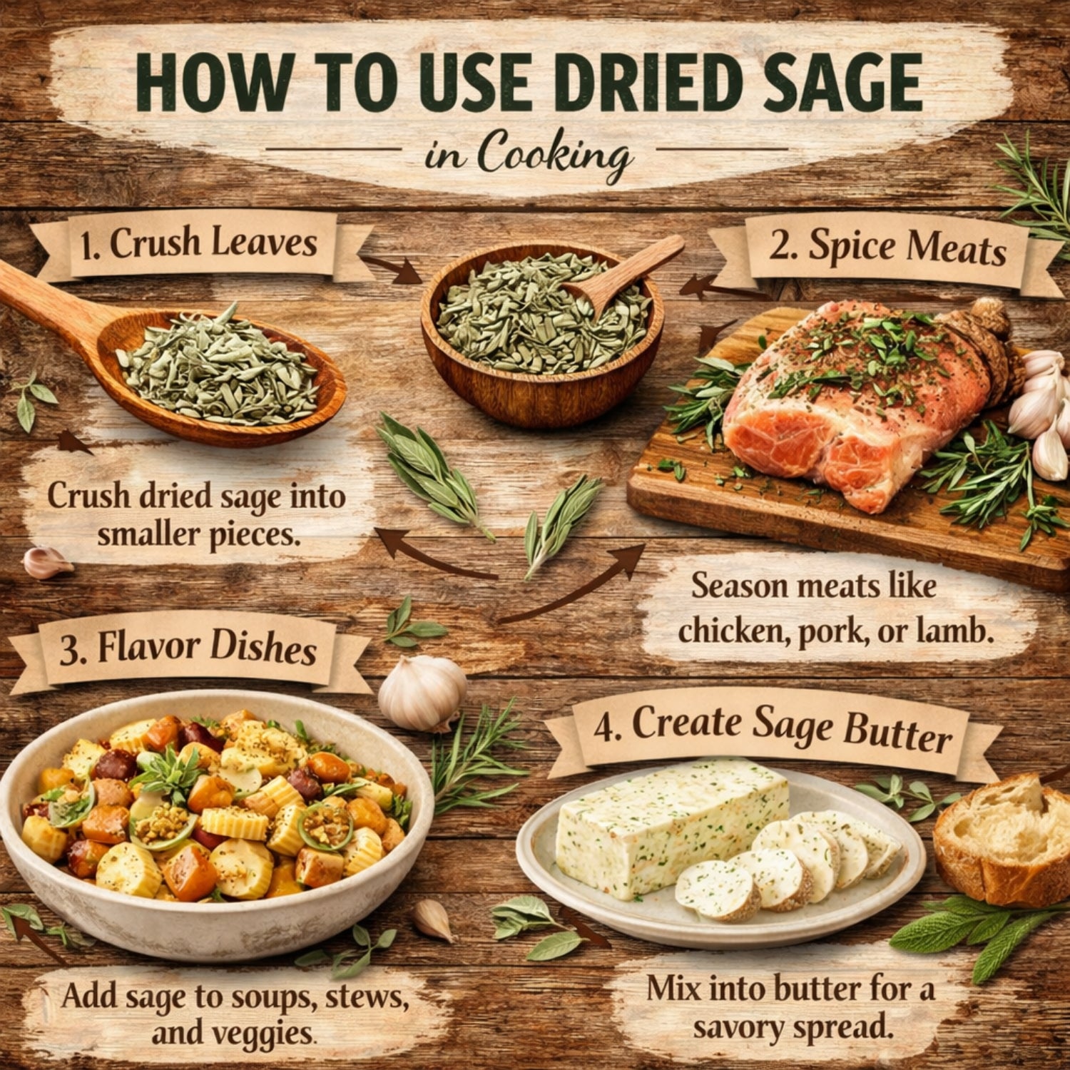 Infographic on using dried sage in cooking with text and images of sage being used in various dishes.