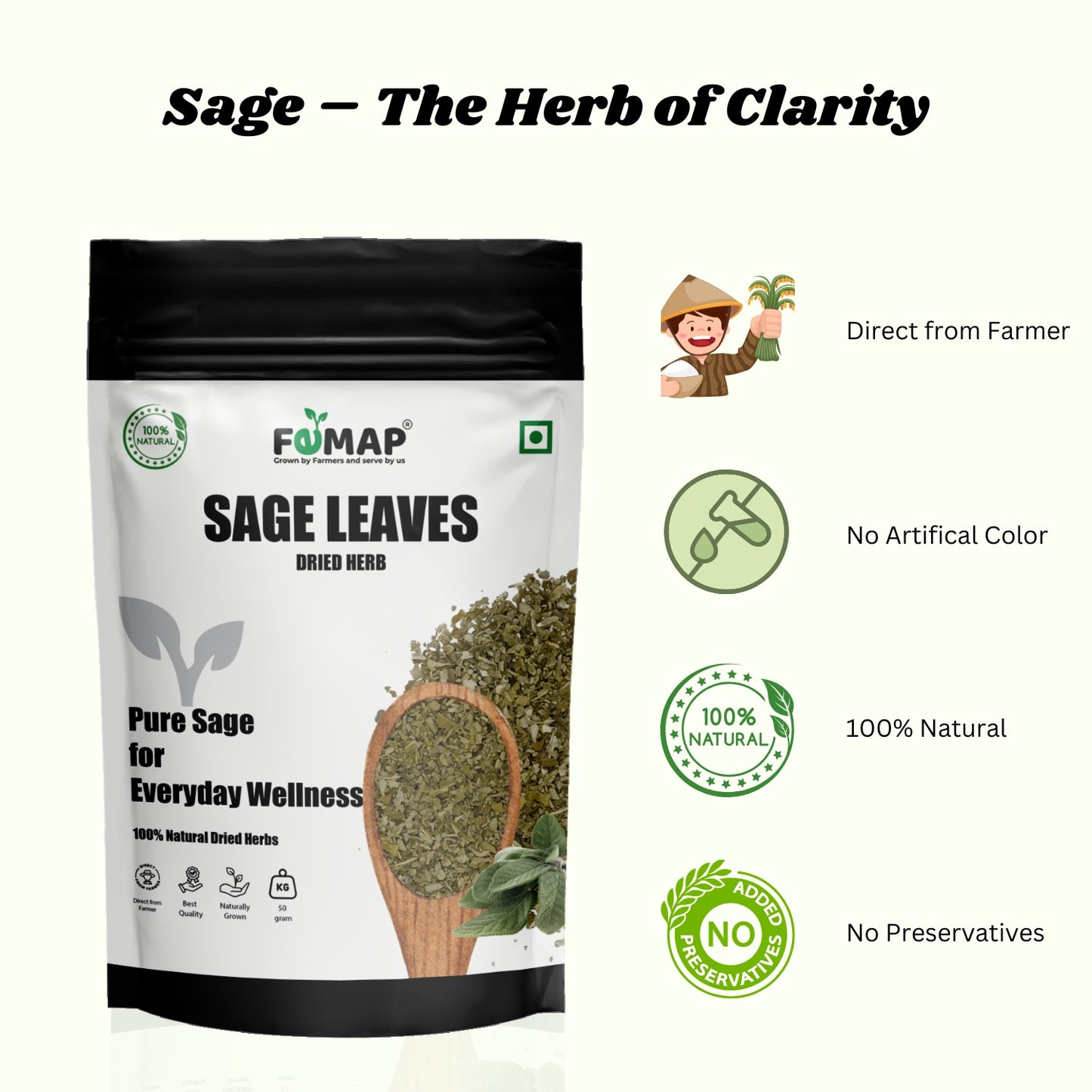 Package of FEMAP Sage Leaves with branding and product details on a white background