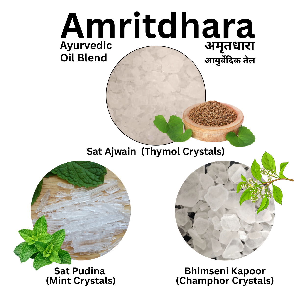 FEMAP Sat Amritdhara combo pack - Sat Pudina, Sat Ajwain and Sat Kapoor pure crystals, 25g each, product of India