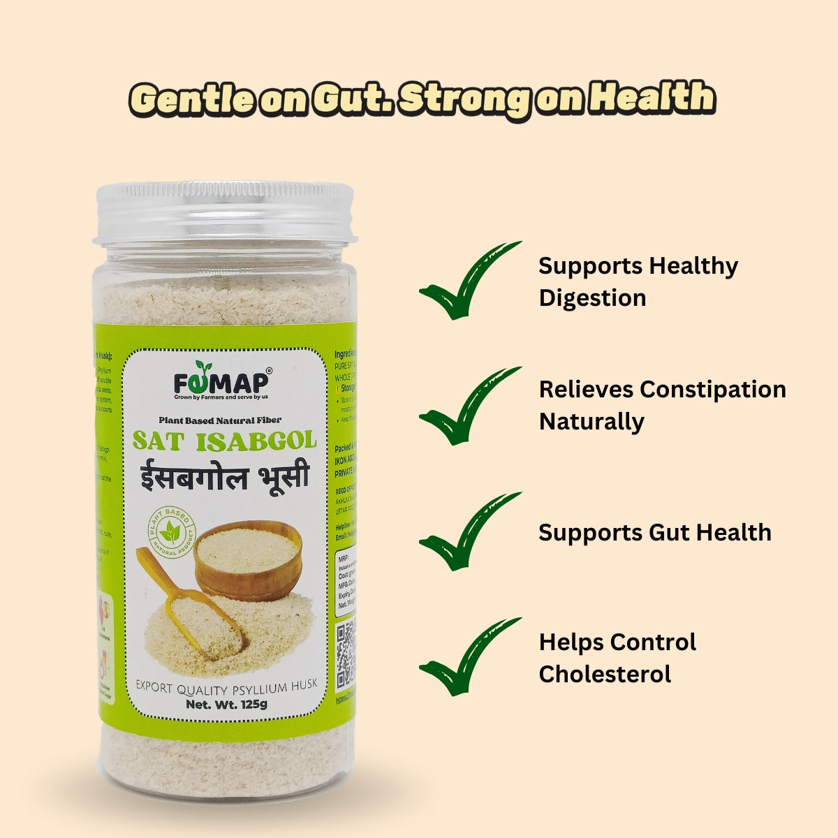 Femap Sat Isabgol health product with benefits listed on a beige background