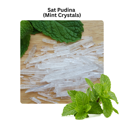 Sat Pudina pure menthol crystals with fresh mint leaves on wooden surface, natural mentha arvensis extract