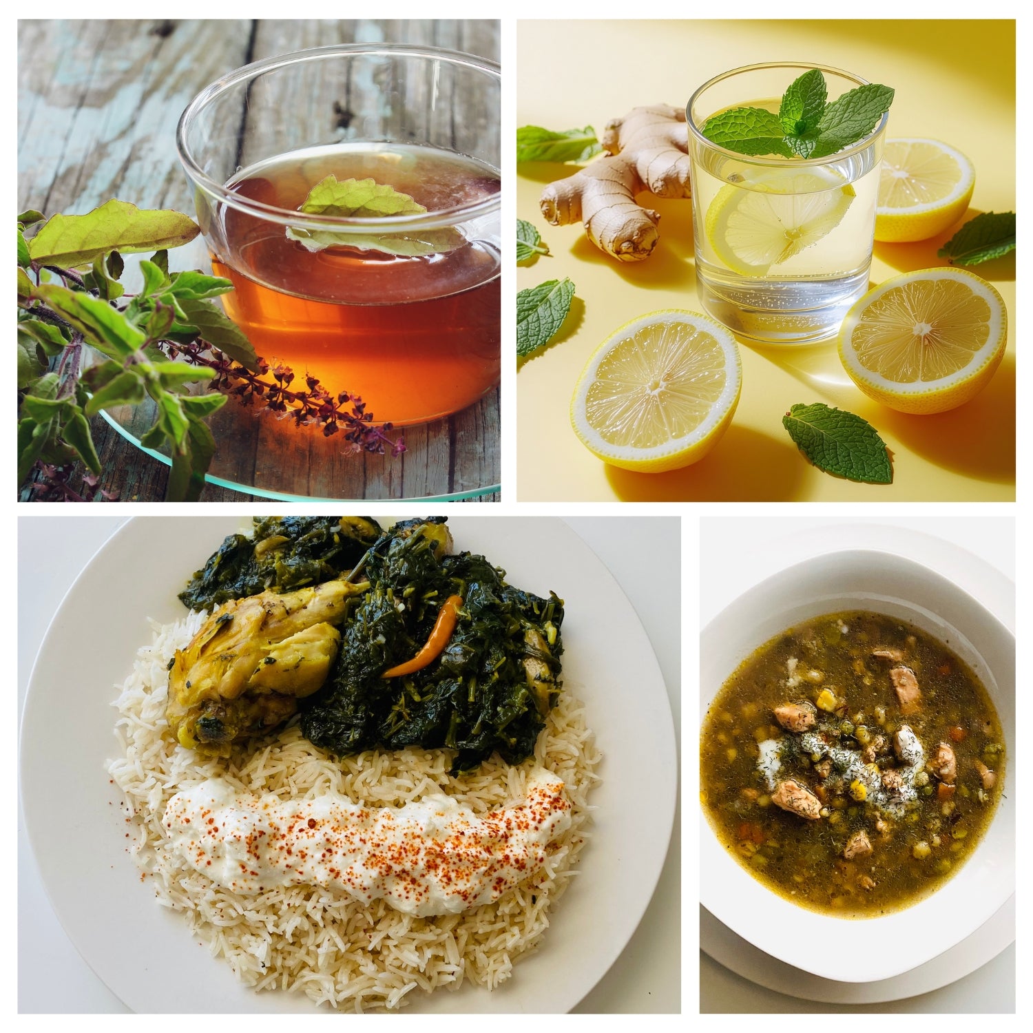 Collage of tea, lemon water, a dish with greens and rice, and a bowl of soup.