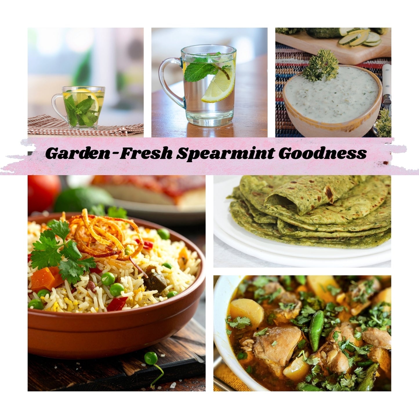 Collage of dishes featuring spearmint, including a drink, salad, and various meals.