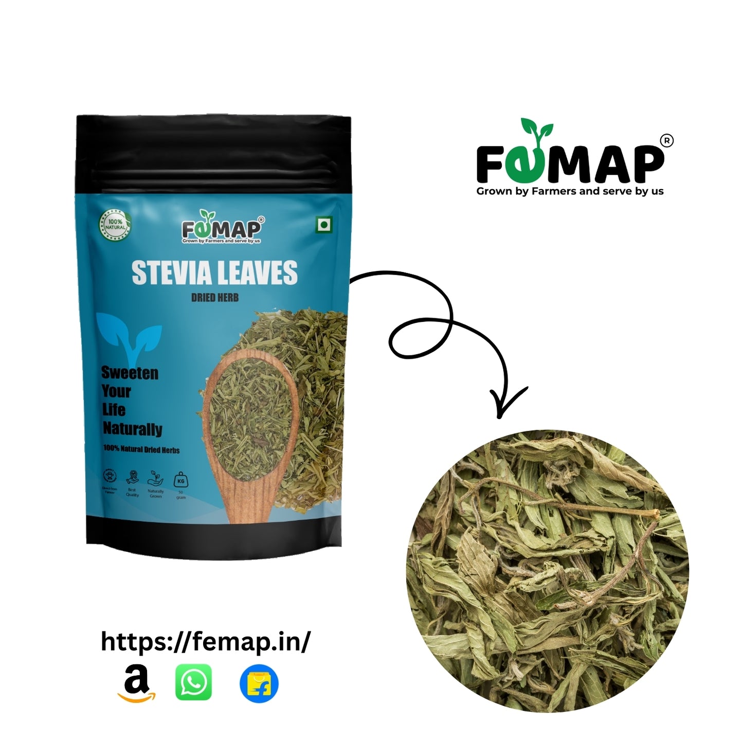 Stevia leaves packaging with FEMAP branding and a close-up of the product on a white background.