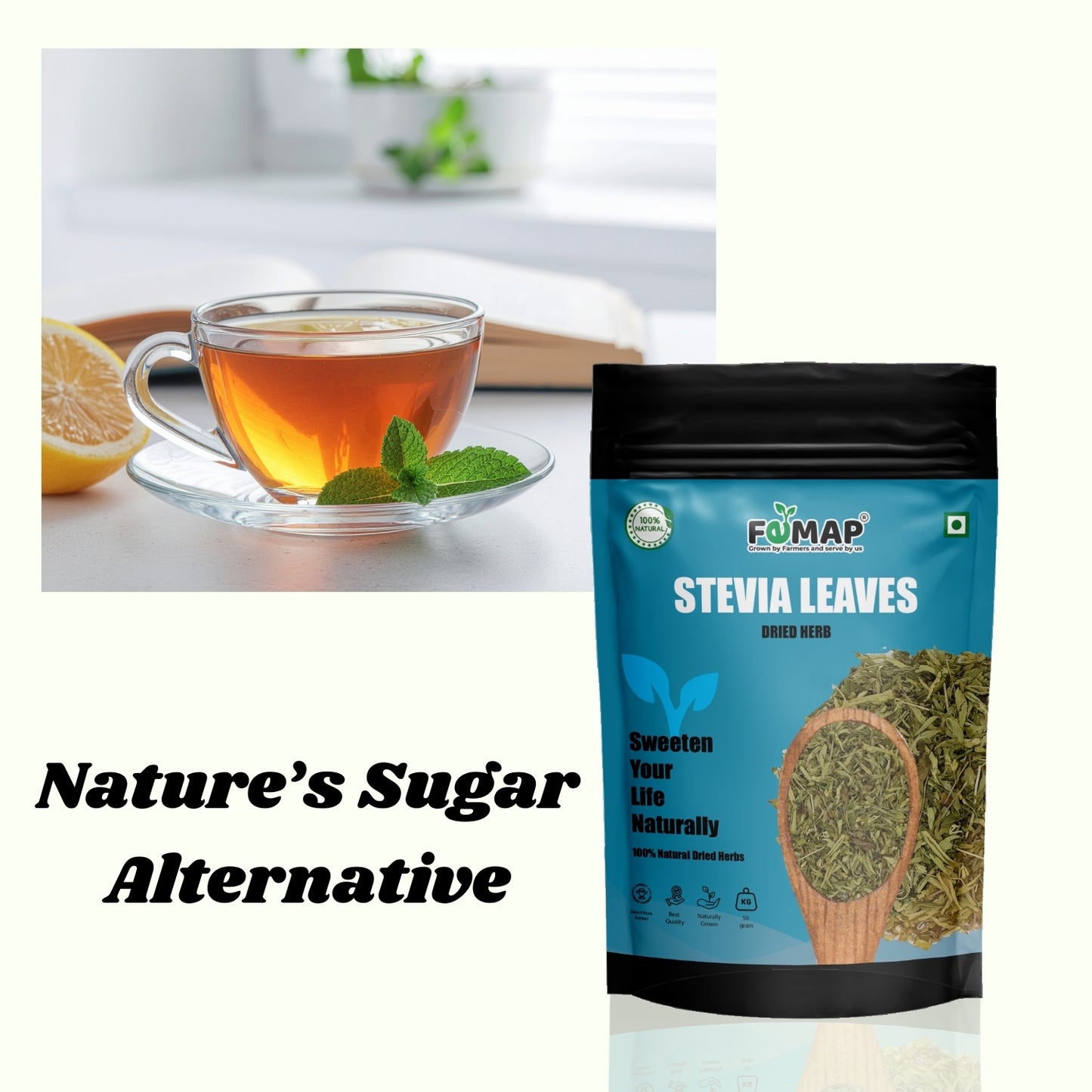 FEMAP Stevia Leaves packaging with a cup of tea and lemon in the background