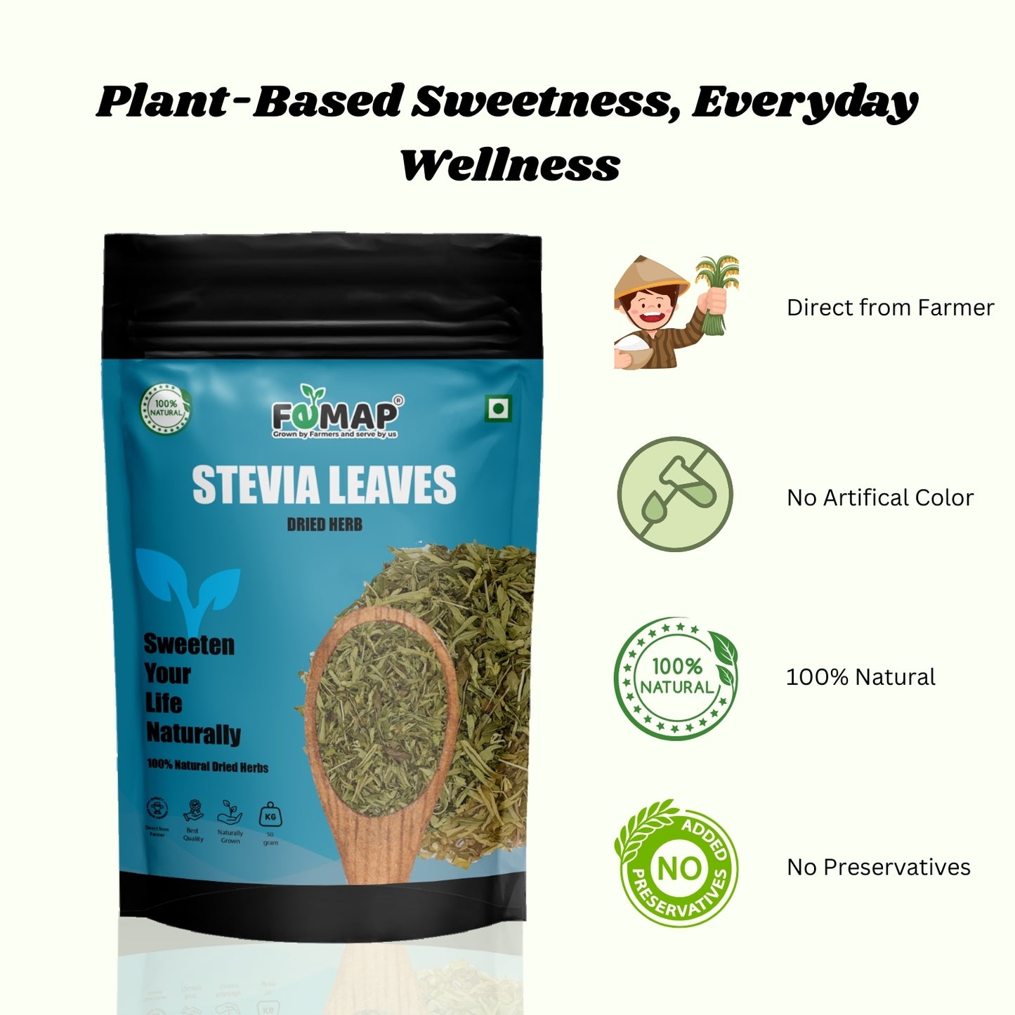 Package of FEMAP Stevia Leaves with branding and product details on a white background