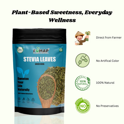 Package of FEMAP Stevia Leaves with branding and product details on a white background