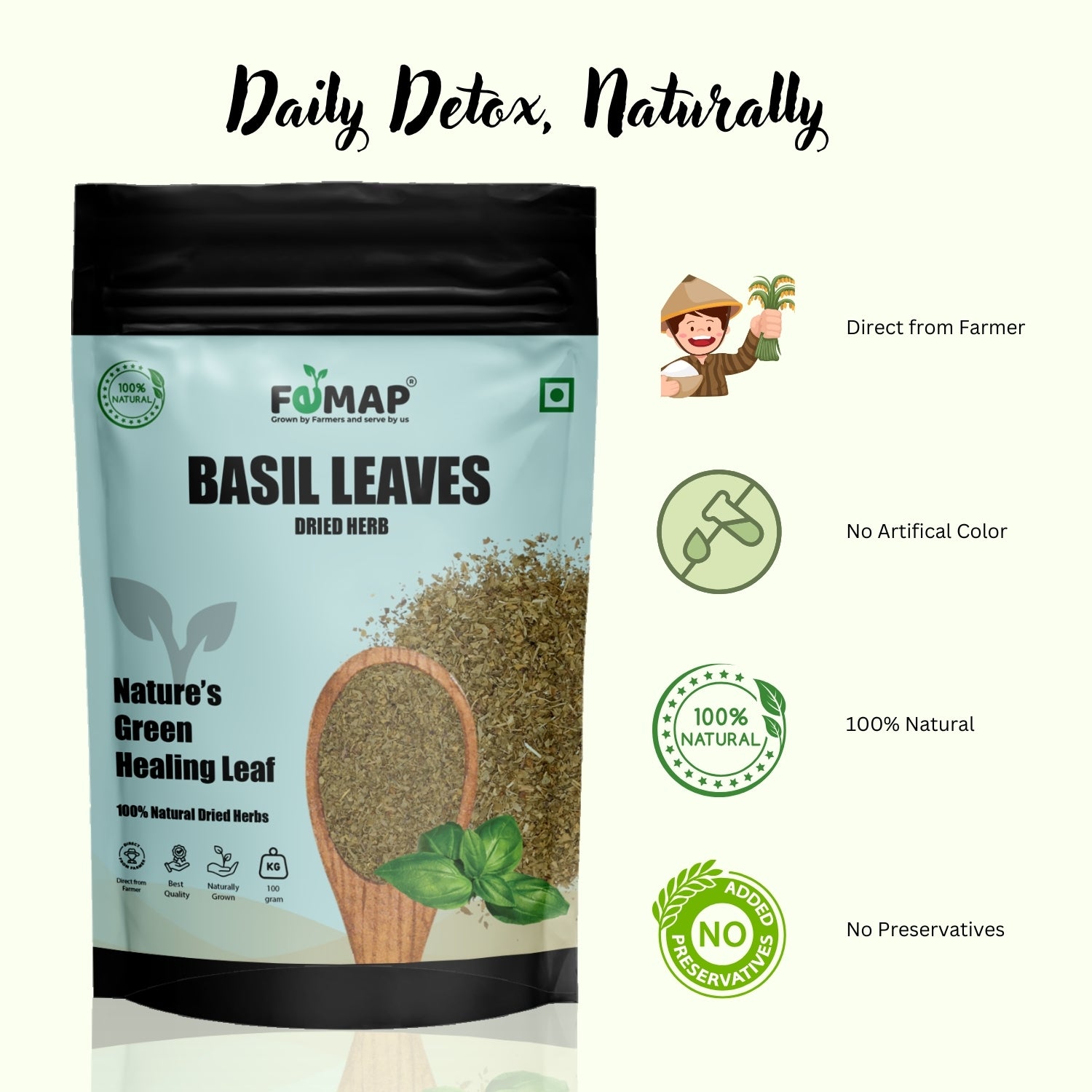 FEMAP basil leaves packaging with branding and product details on a white background