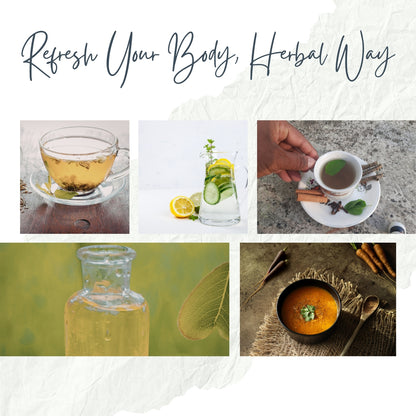 Collage of herbal beverages and foods with text 'Refresh Your Body, Herbal Way' on a light background.