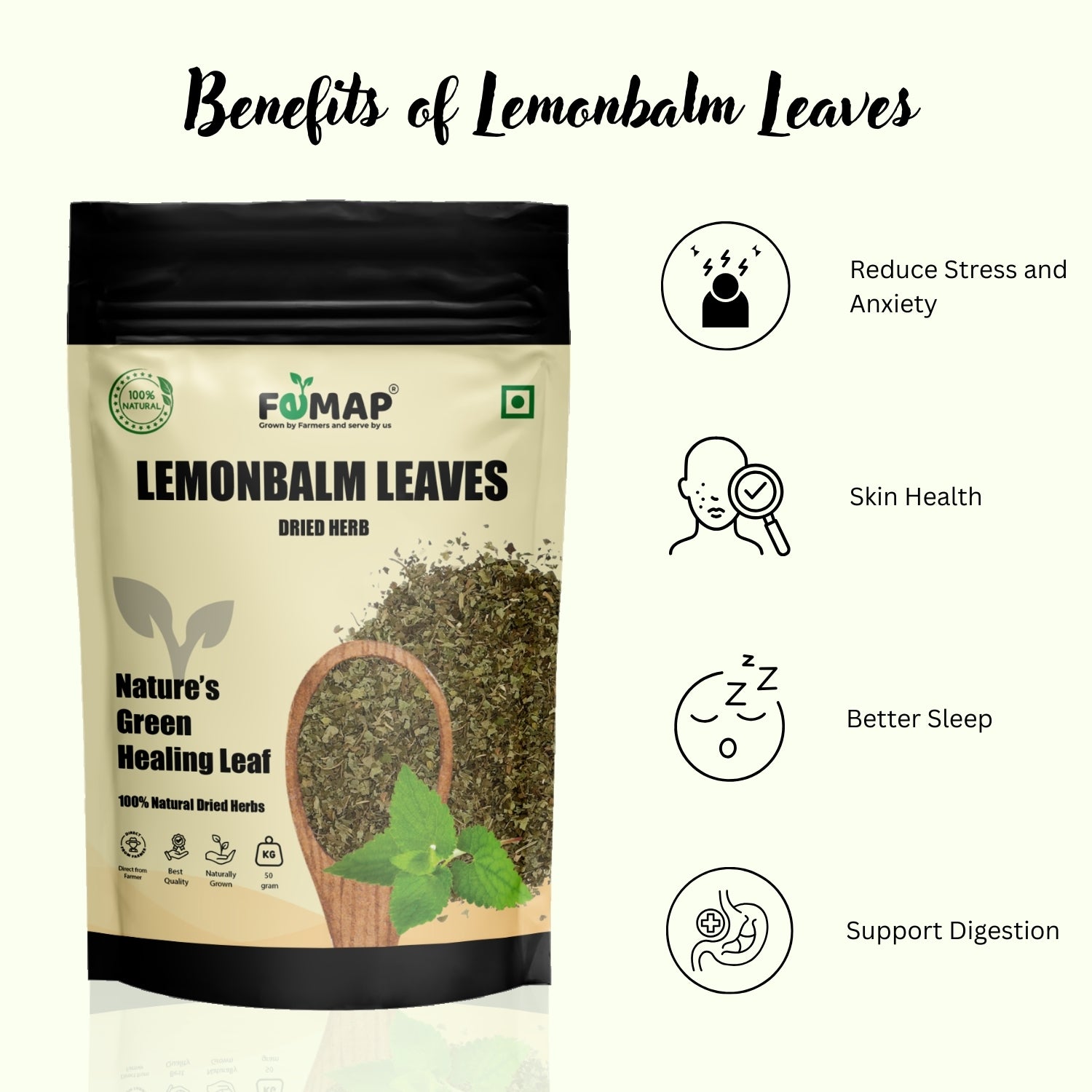 FEMAP lemonbalm leaves packaging with benefits listed on a white background