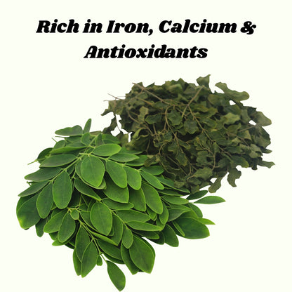 Green leaves with text indicating nutritional benefits on a white background