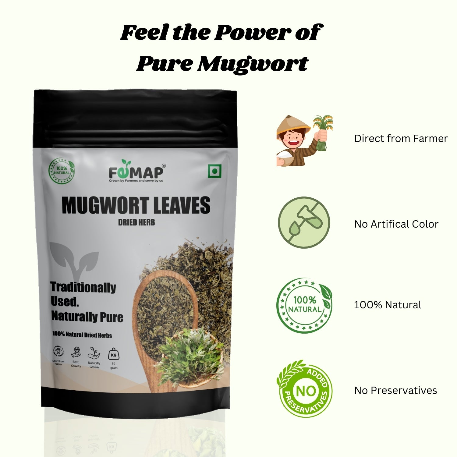 Package of FEMAP Mugwort Leaves with branding and product details on a white background