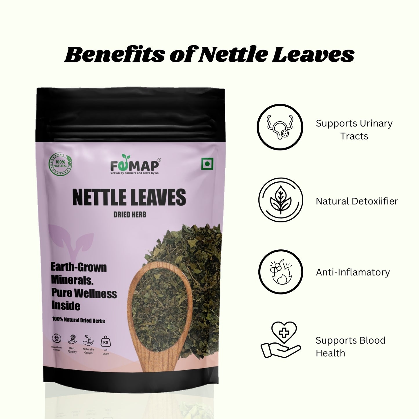 FEMAP Nettle Leaves packaging with benefits listed on a white background