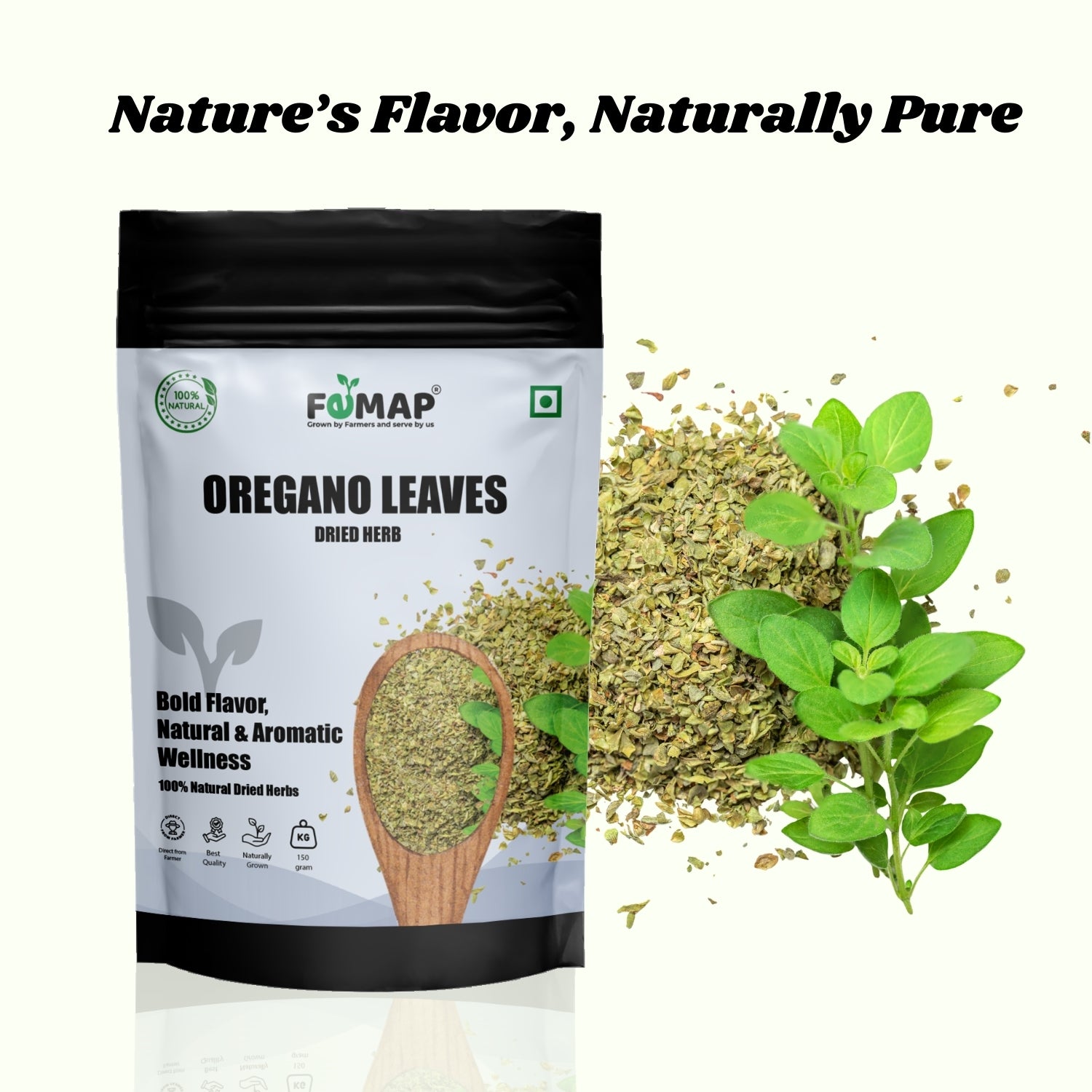 FEMAP oregano leaves packaging with dried herbs and a plant on a white background