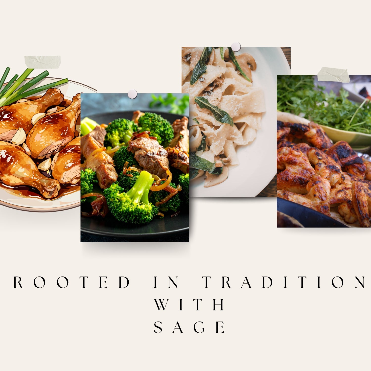 Collage of various dishes with text 'Rooted in Tradition with Sage' on a light background